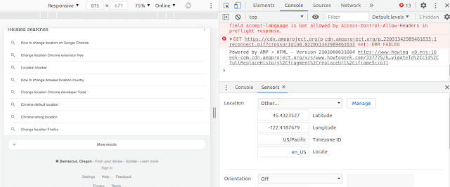 Chrome dev tools, and adding coordinates in 'sensors'